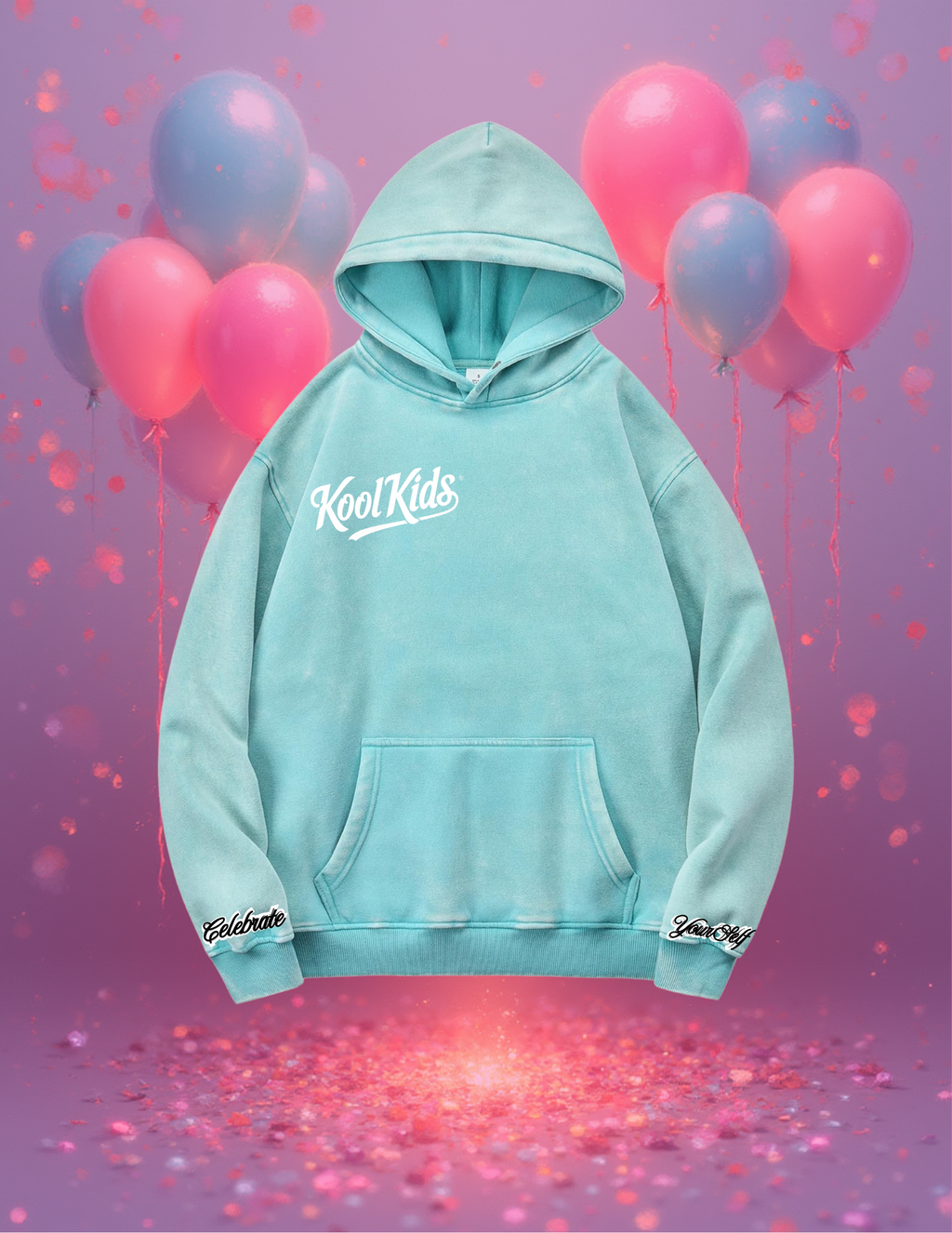 CELEBRATE YOURSELF “Kool Kids” TEAL/BLUE Exclusive Acid Wash Oversized Hoodie