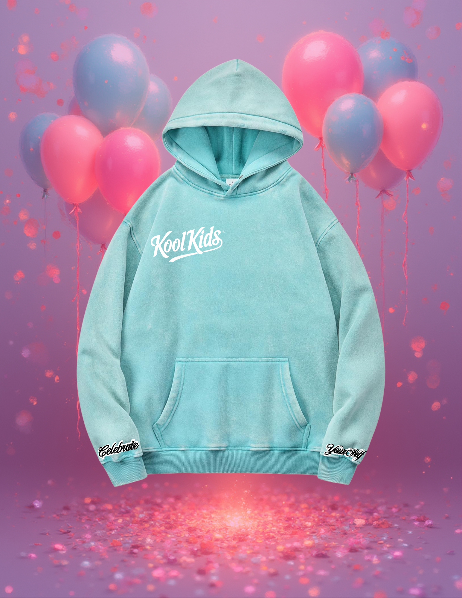 CELEBRATE YOURSELF “Kool Kids” TEAL/BLUE Exclusive Acid Wash Oversized Hoodie