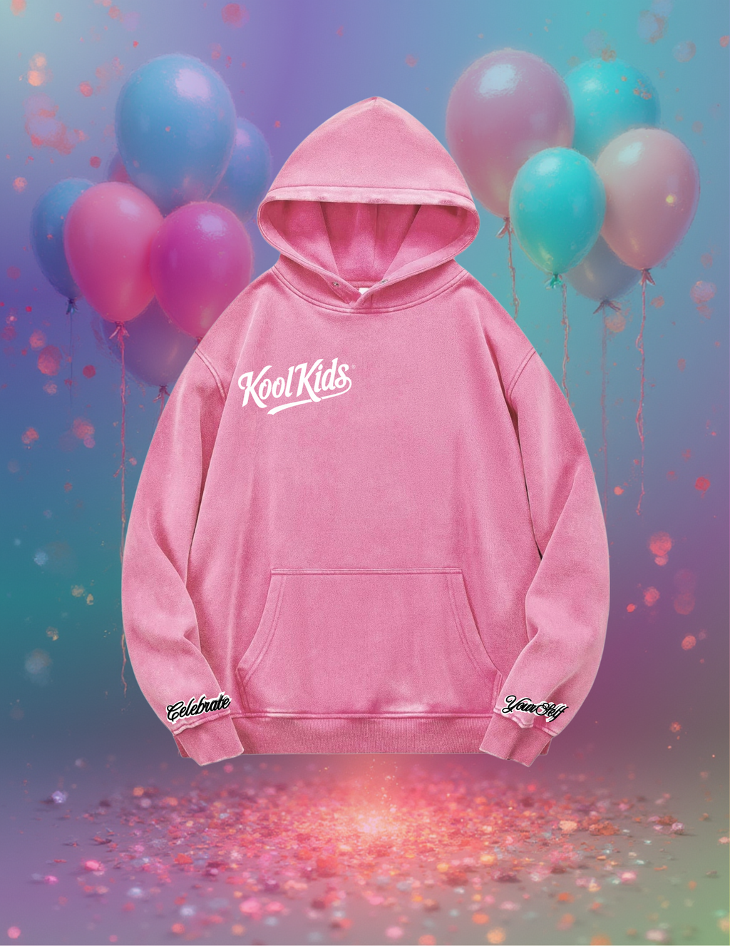 CELEBRATE YOURSELF “Kool Kids” PINK Exclusive Acid Wash Oversized Hoodie